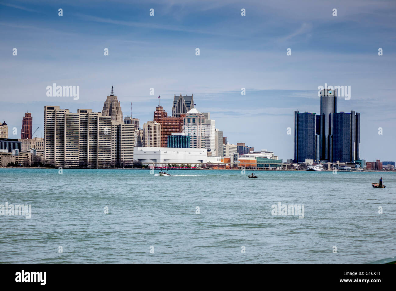 The Detroit City Downtown Skyline Seen From Windsor Canada Across The Detroit River Stock Photo