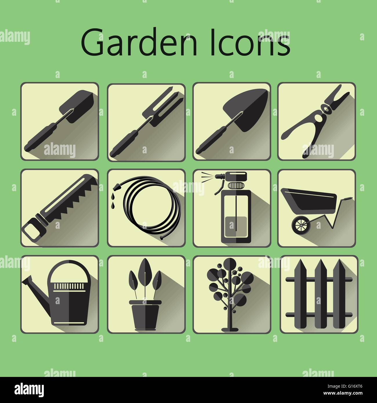Black gardening icons set over a green background, digital vector image ...