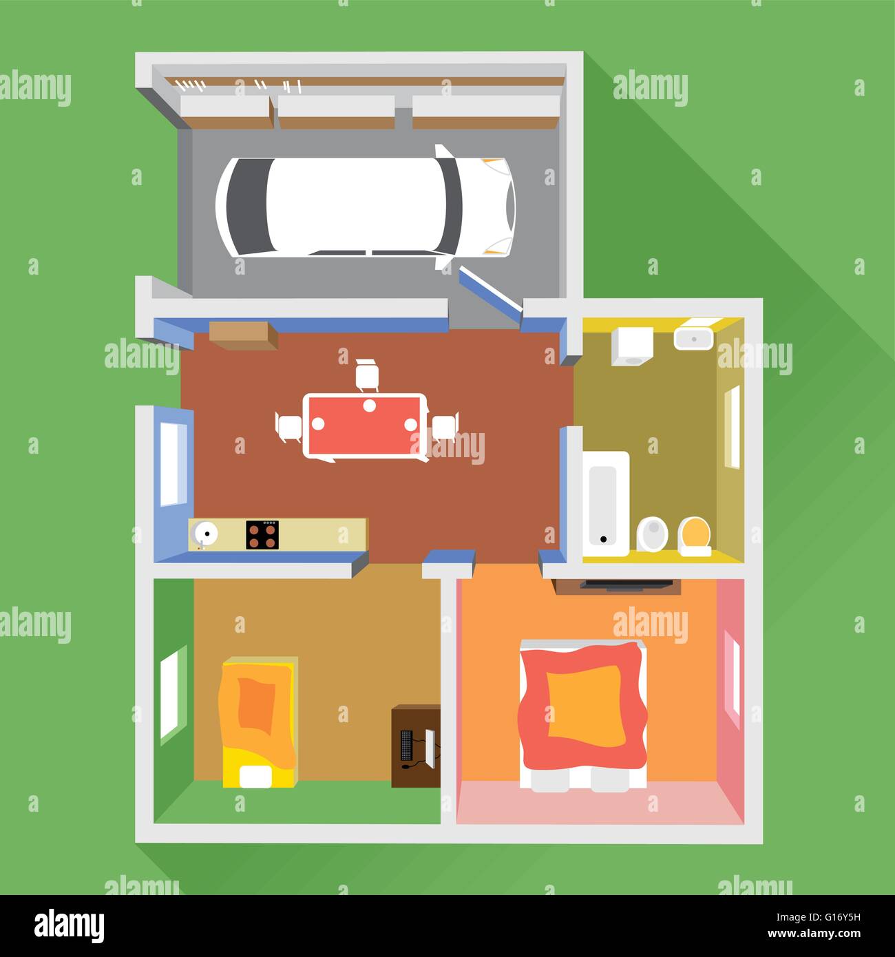 A house in section with a car in garage, a bathroom, a kitchen and 2 living rooms, top view, over a green background, digital im Stock Vector