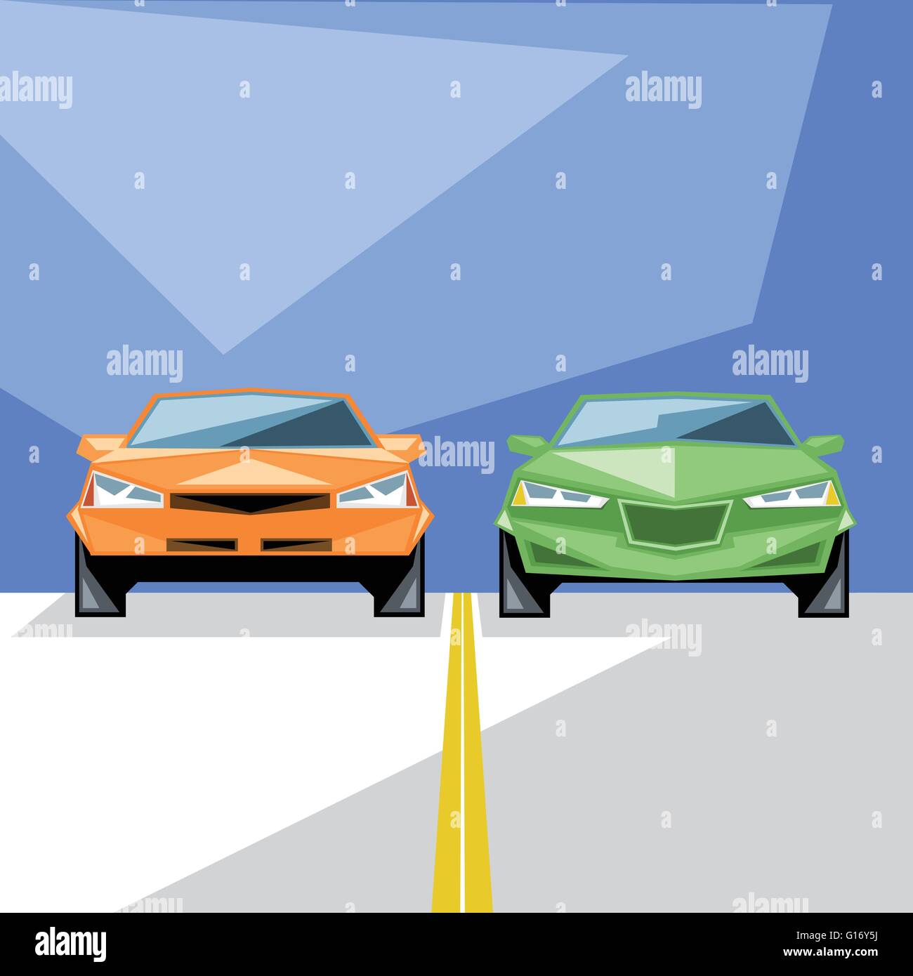 An orange and green cars at start for a racing and an yellow line, front view, over blue background, digital vector image Stock Vector