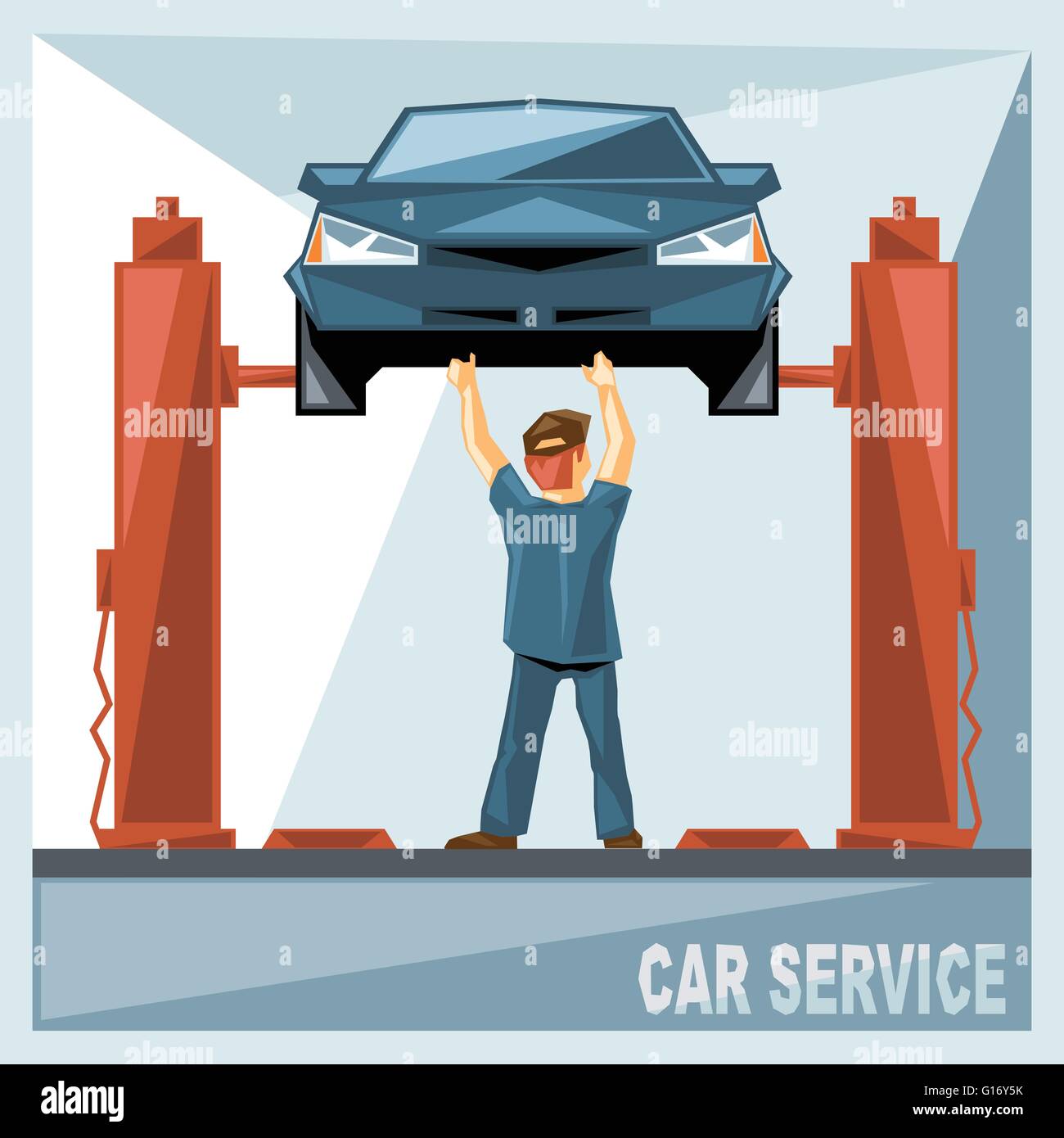 A mechanic in blue suit fixing a blue car in car service, over silver background, digital vector image Stock Vector