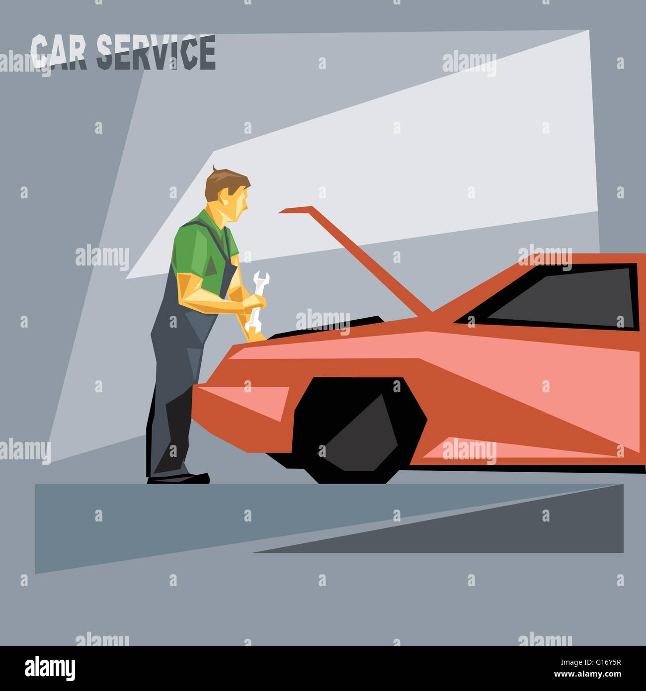 A mechanic in green and silver suit with tools, fixing a red car in car service, over silver background, digital vector image Stock Vector