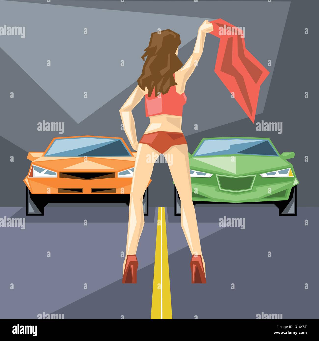 An orange and green cars at start for a racing and a girl in red with a neckerchief, front view, over silver background, digital Stock Vector