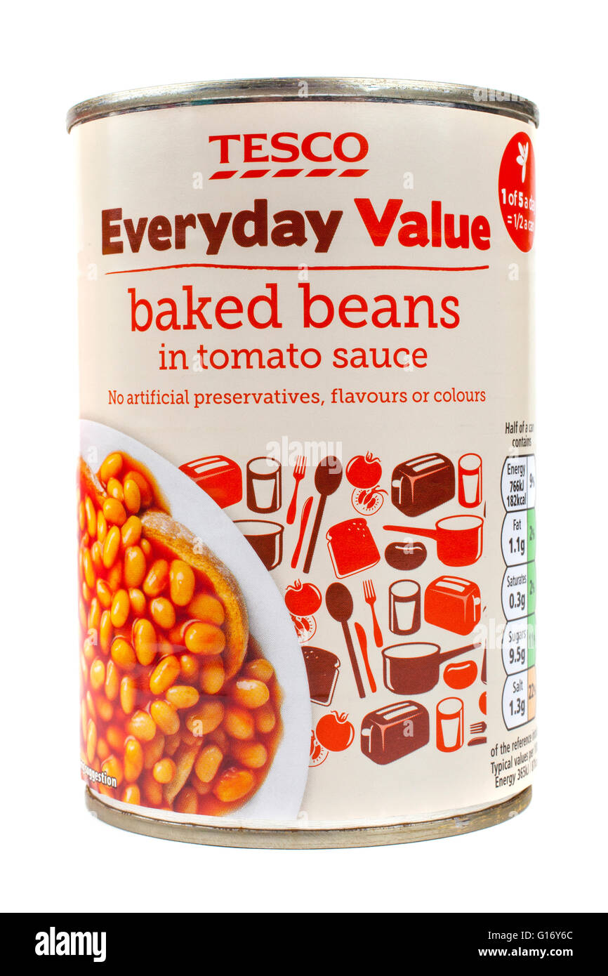 LONDON, UK - MAY 6TH 2016: A tin of Tesco Everyday Value Baked Beans isolated over a plain white background, on 6th May 2016. Stock Photo