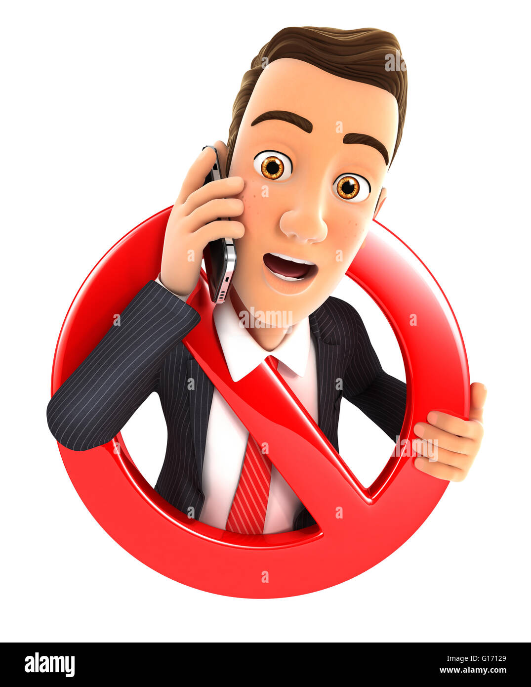 3d businessman on phone surrounded by a forbidden sign, isolated white background Stock Photo