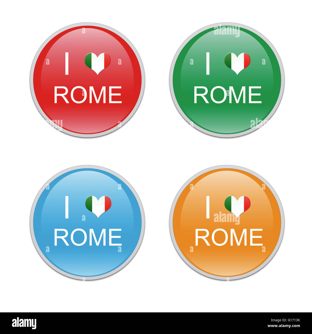 Icons to symbolize I Love Rome in red, green, blue and orange colors Stock Photo