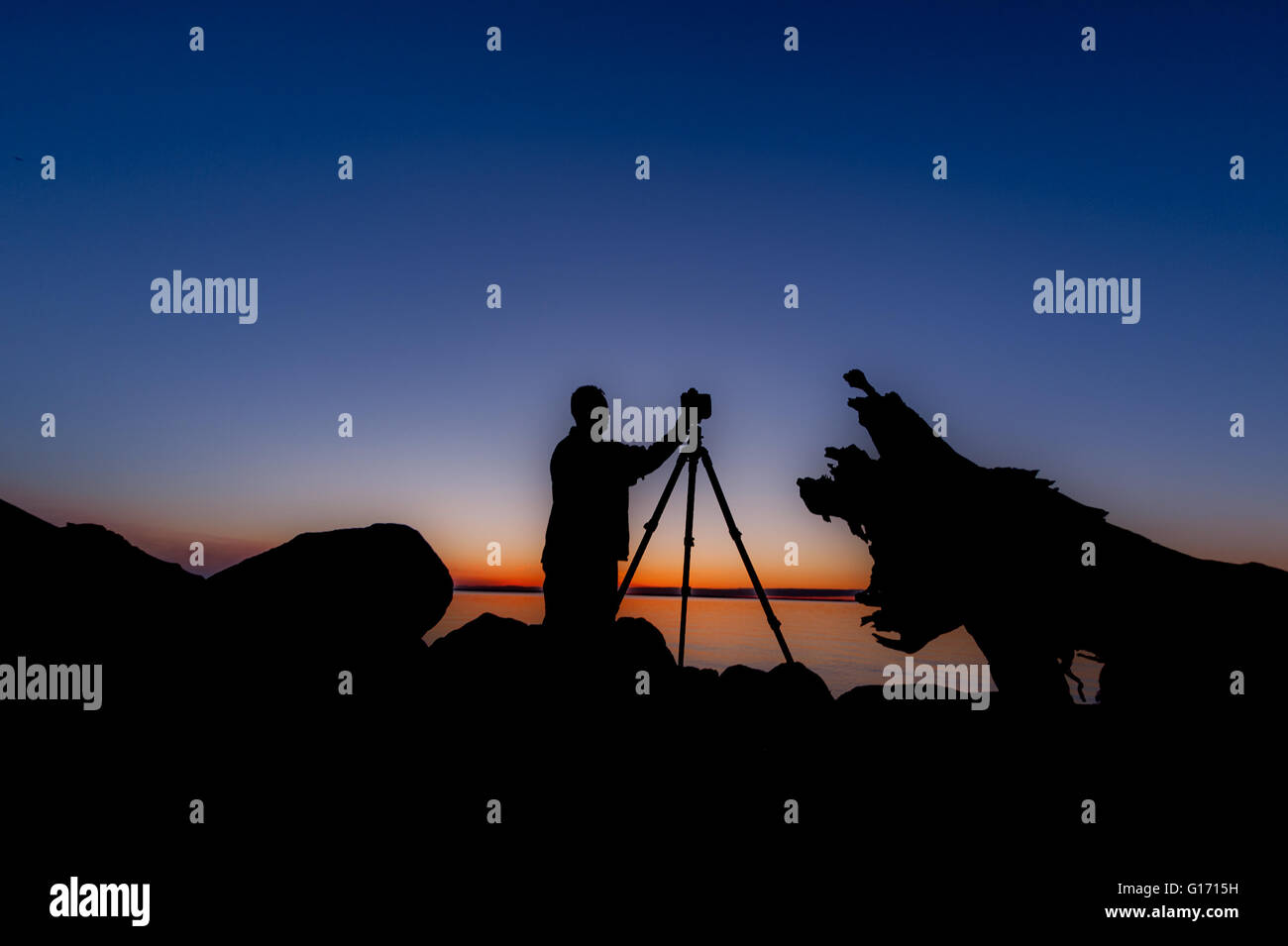 Image of a photographer changing lenses at night. Stock Photo