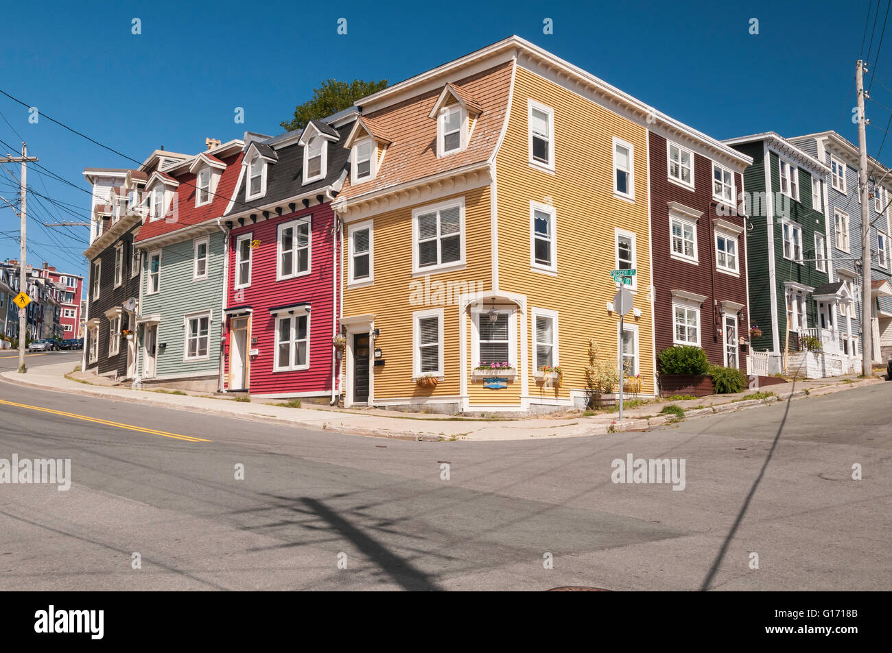 Colorful jelly bean houses, the corner of Prescott and Gower streets, St. John's, Newfoundland, Canada Stock Photo
