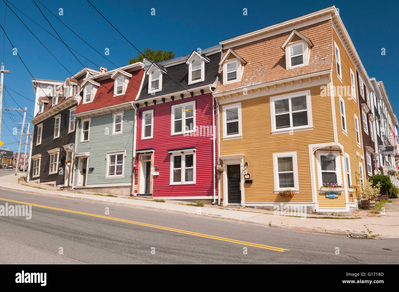 Colorful jelly bean houses, the corner of Prescott and Gower streets, St. John's, Newfoundland, Canada Stock Photo