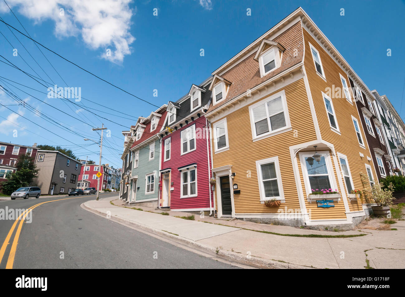 Colorful jelly bean houses, the corner of Prescott and Gower streets, St. John's, Newfoundland, Canada Stock Photo