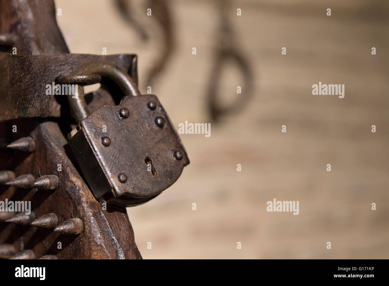 detail of torture chair used by the Spanish Inquisition in the 15th century Stock Photo