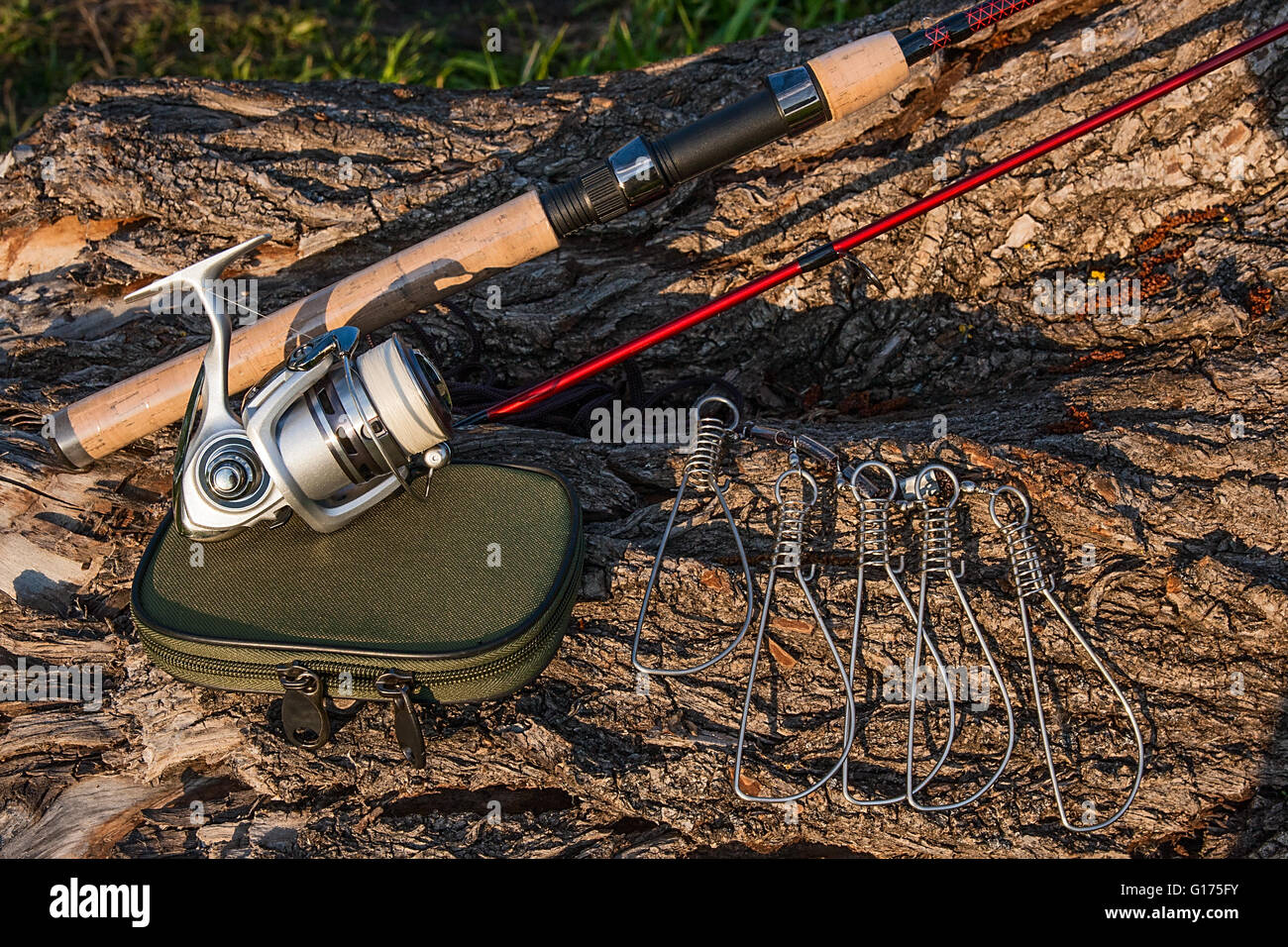Fishing rod with fishing reel on the natural background. Fish stringer and  box for baits. Spinning and other objects on the old Stock Photo - Alamy