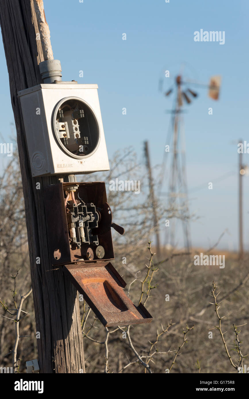 Old power box in Orla, Texas. Stock Photo