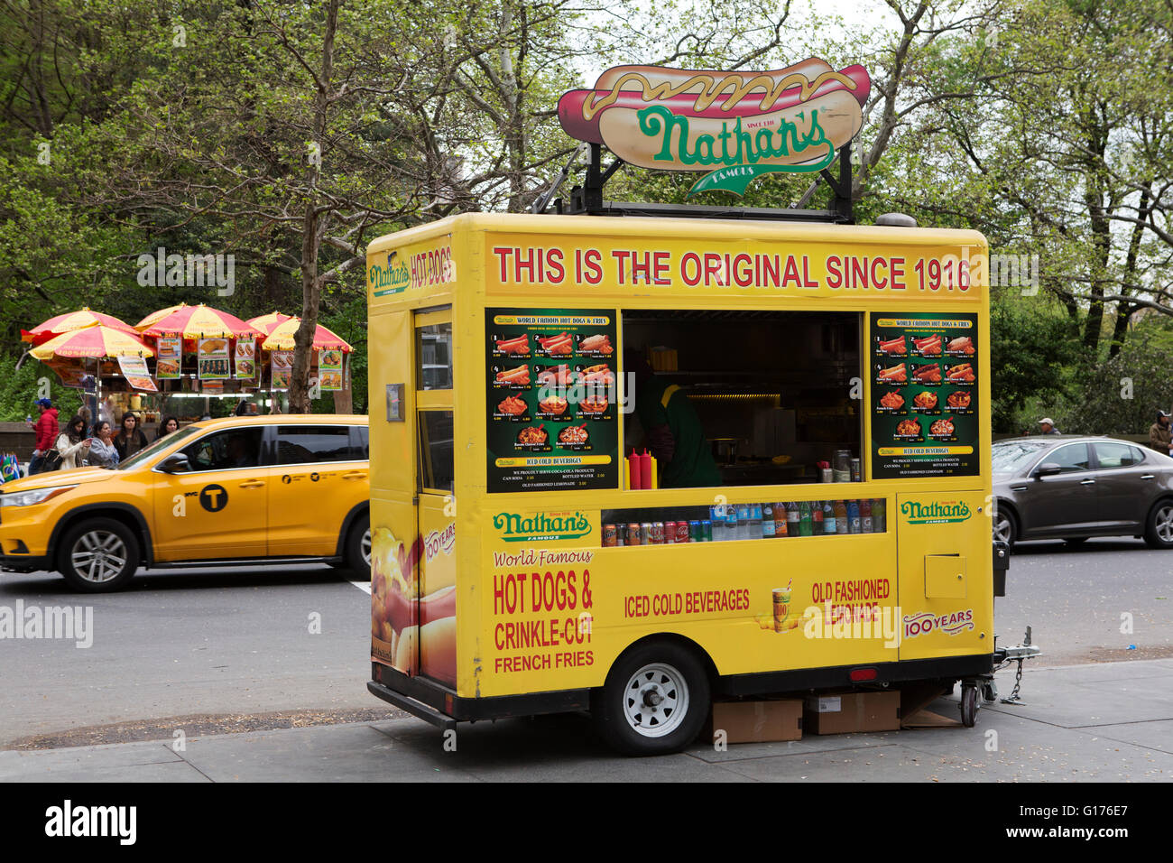 A hot dog stall outside of Central Park in New York City, USA. It Stock
