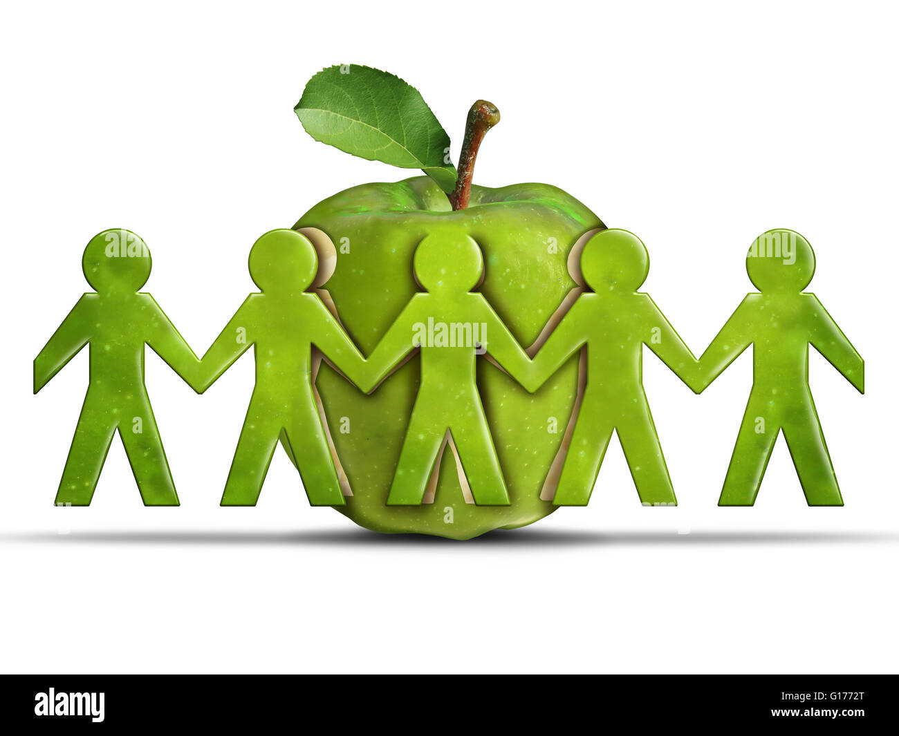 Group health and community health care or healthcare concept as a green apple with cut out peeled fruit skin shaped as humans ho Stock Photo