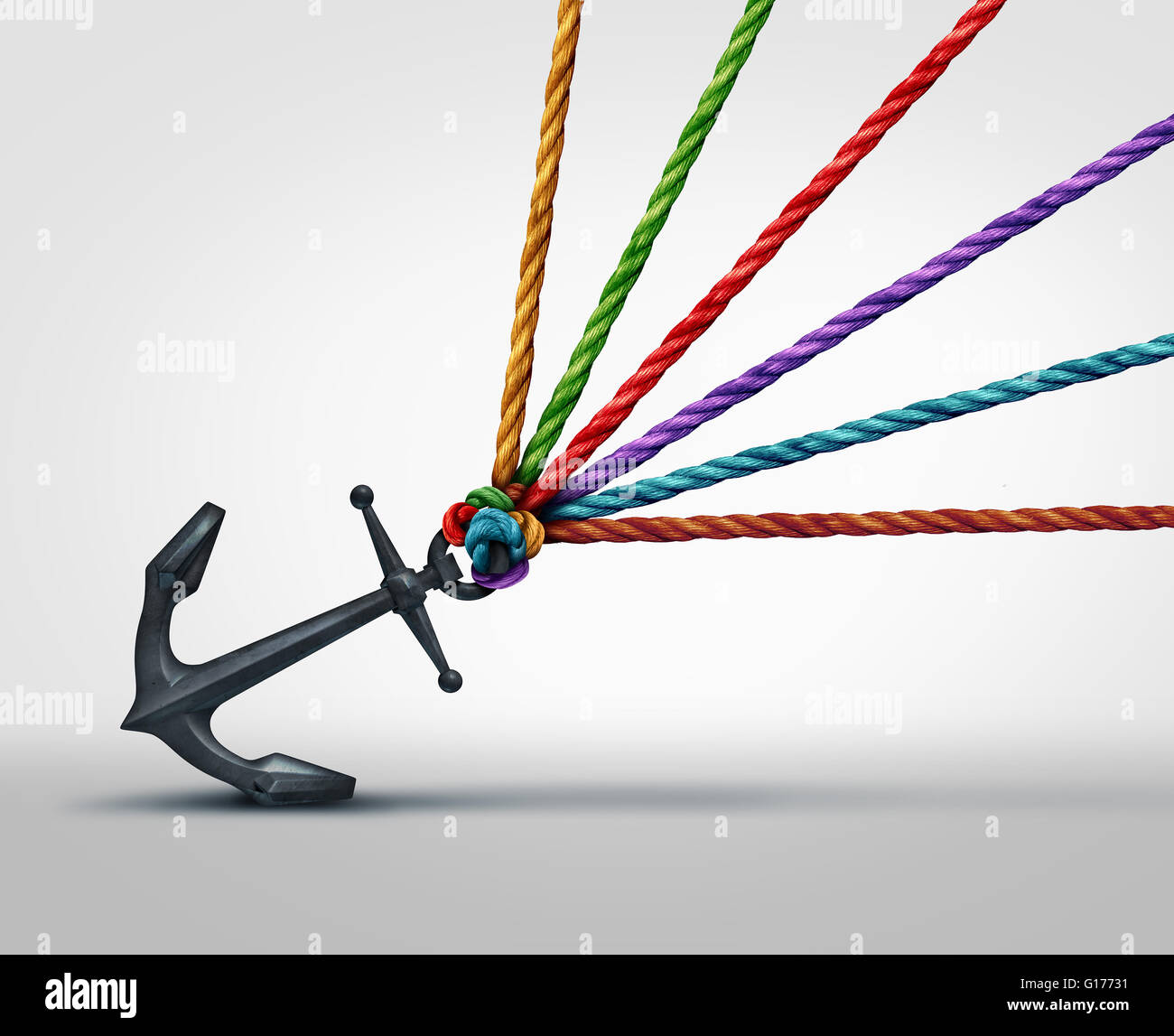 Pulling together community cooperation concept as a group of ropes that work together to pull on a heavy anchor as a metaphor for social teamwork success with 3D illustration elements. Stock Photo