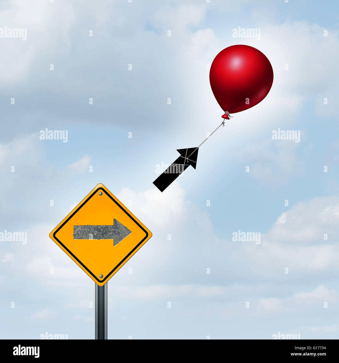 Concept of consulting and supportive marketing idea as a balloon lifting up an arrow from a sign as a success metaphor and higher prosperity strategy with 3D illustration elements. Stock Photo