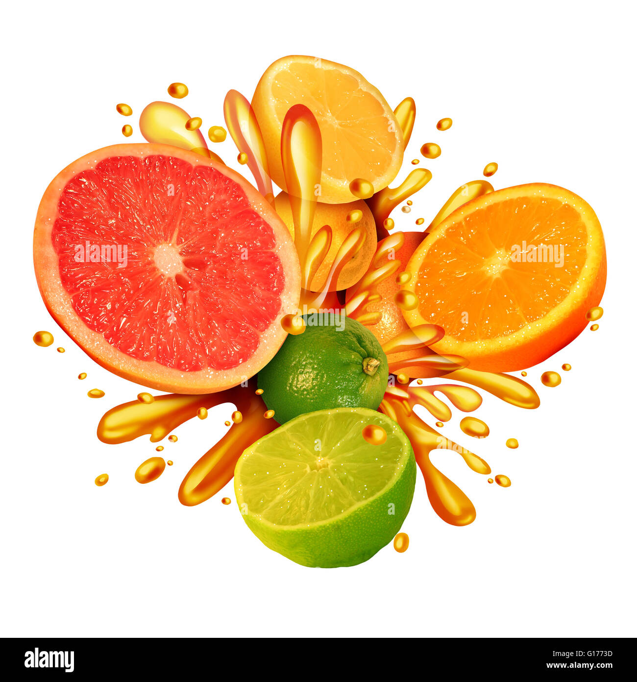 Citrus fruit splash symbol with a group of fresh oranges lemons lime tangerines and grapefruit splashing in juice for healthy living eating organic juicy health food full of natural vitamins in a 3D illustration style. Stock Photo