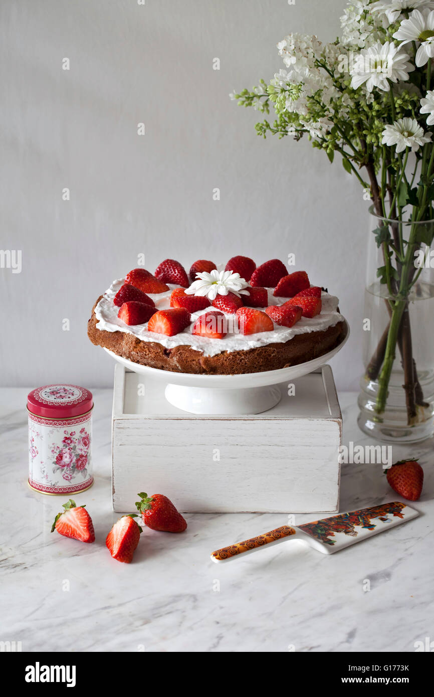 Strawberry cake with whipped coconut cream and topped with fresh strawberries on a white cake stand Stock Photo