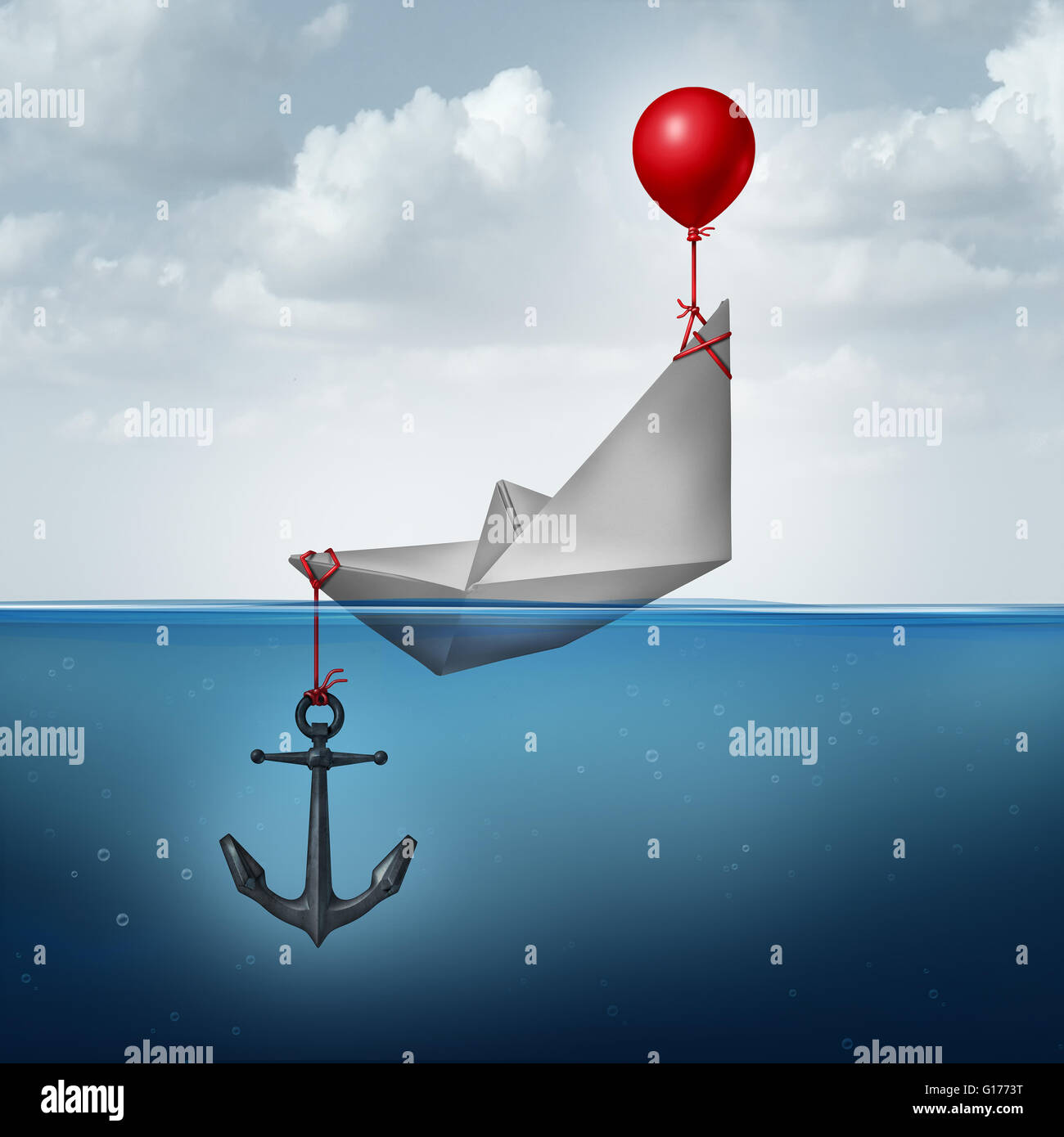 Business decision problem and inefficient strategy concept as a paper boat being lifted and drowned simultaneously as a financial indecision icon with 3D illustration elements. Stock Photo
