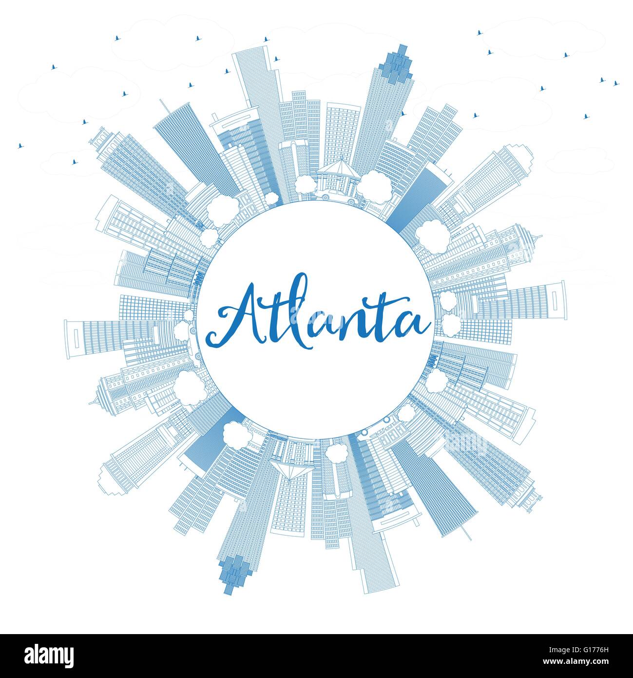 Outline Atlanta Skyline with Blue Buildings and Copy Space. Vector Illustration. Business Travel and Tourism Concept Stock Vector