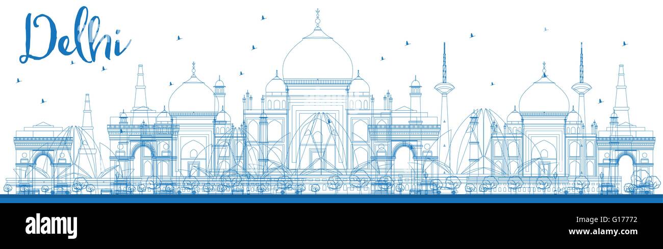 Outline Delhi skyline with blue landmarks. Vector illustration. Business travel and tourism concept with historic buildings. Stock Vector