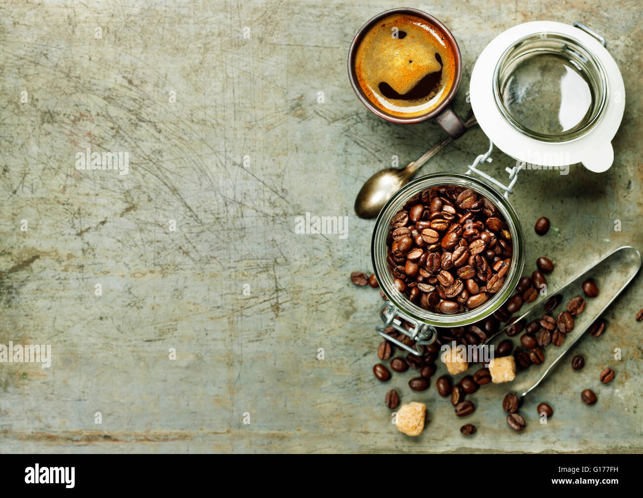 Espresso and coffee beans on vintage background Stock Photo