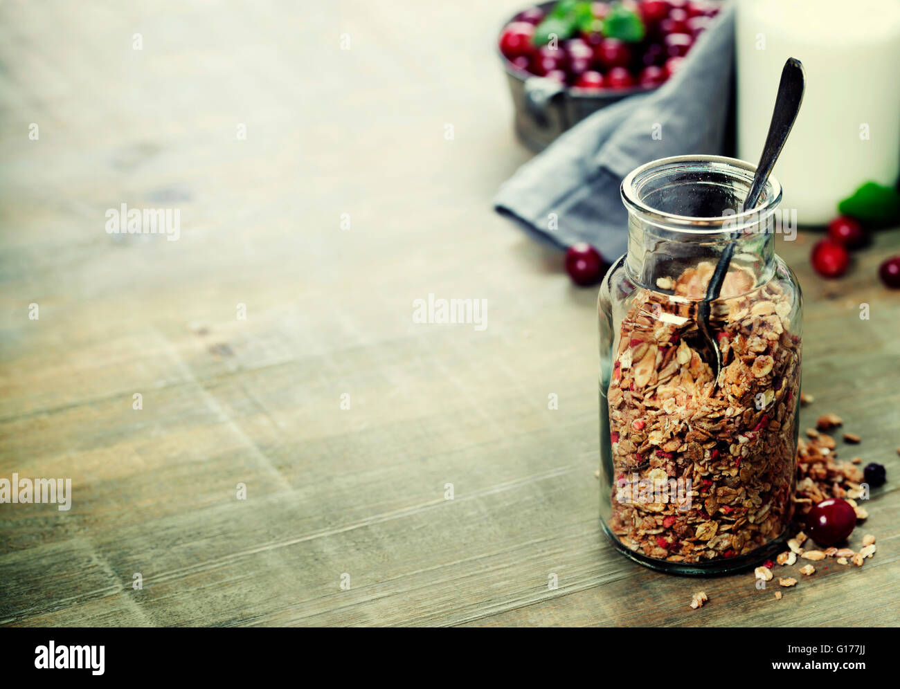 Close up of jar with granola or muesli on table - Healthy eating, Detox or Diet concept Stock Photo