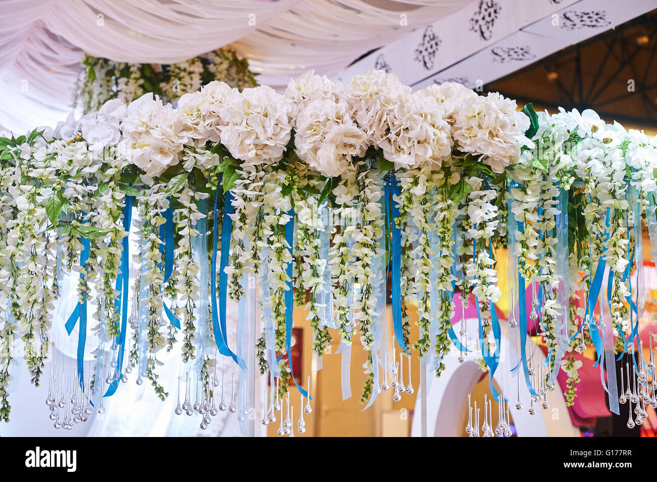 decor of flowers on the wedding ceremony in restaurant Stock Photo Alamy