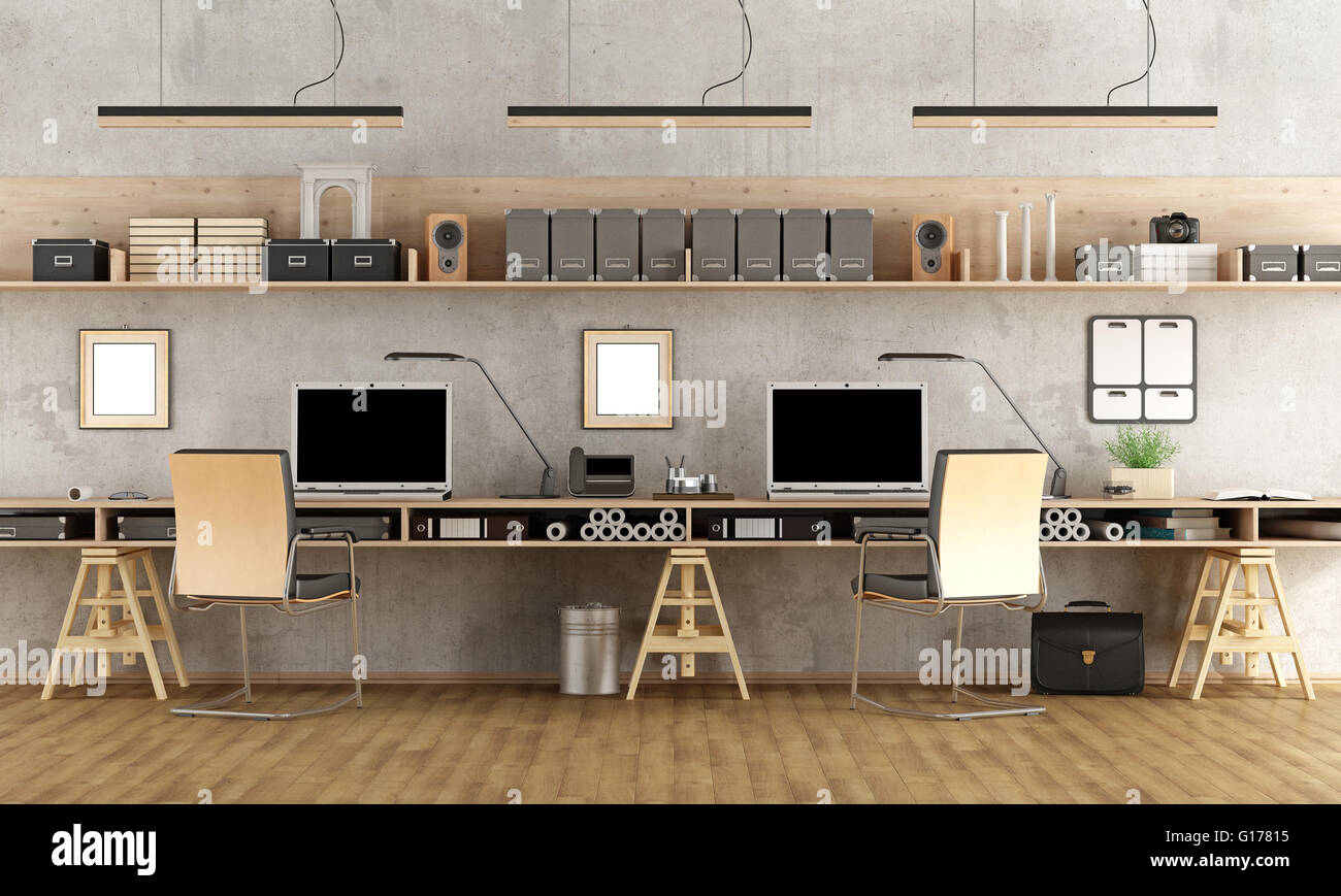 Minimalist architectural office with two workstation 3d rendering