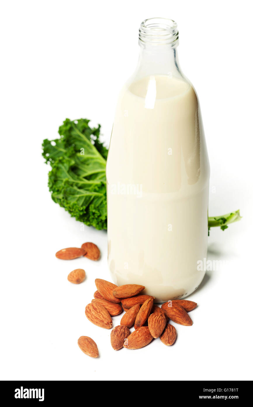 Almond milk and kale- superfoods, vegan, vegetarian, detox concept Stock Photo