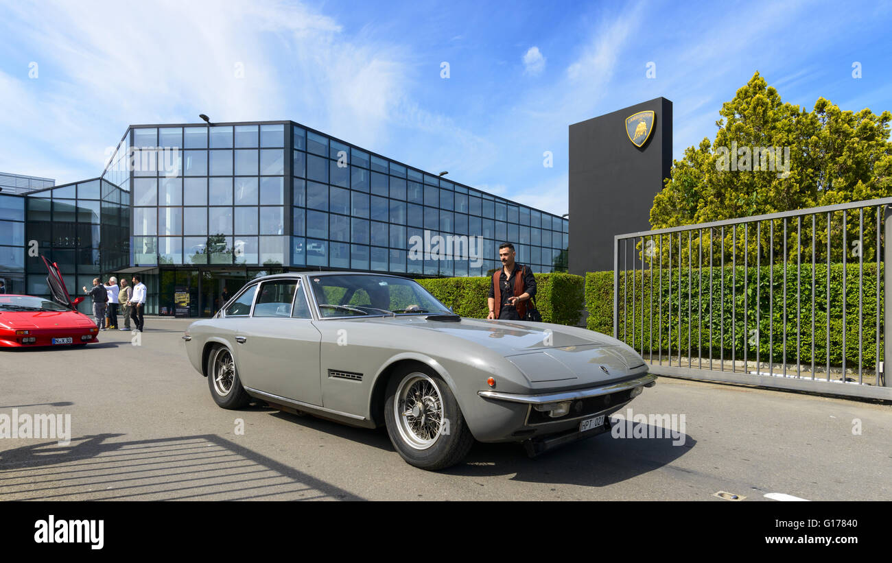 Lamborghini parade in front of the Lamborghini factory in Sant'Agata Bolognese for the 100th Ferruccio Lamborghini Anniversary Stock Photo