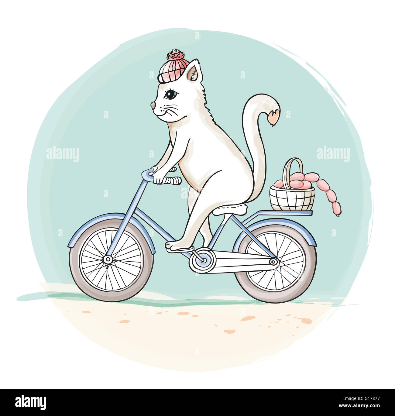 Cat riding a bicycle. Hand drawn illustration. Stock Photo