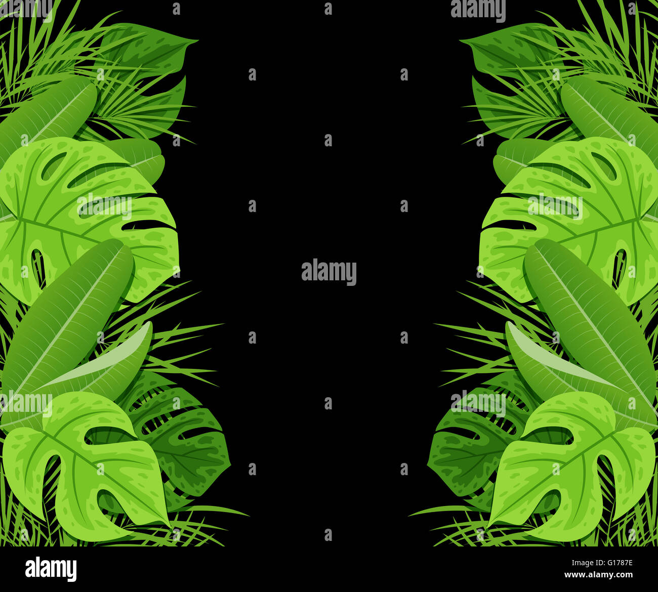 Green tropical leaves on a black background. Summer background with ...