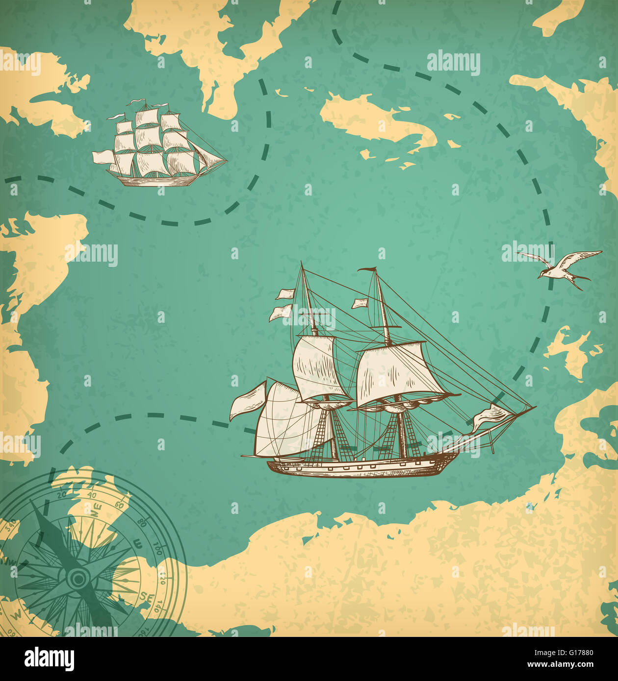 Vintage map with sailing vessels. Ancient map with ships. Stock Photo