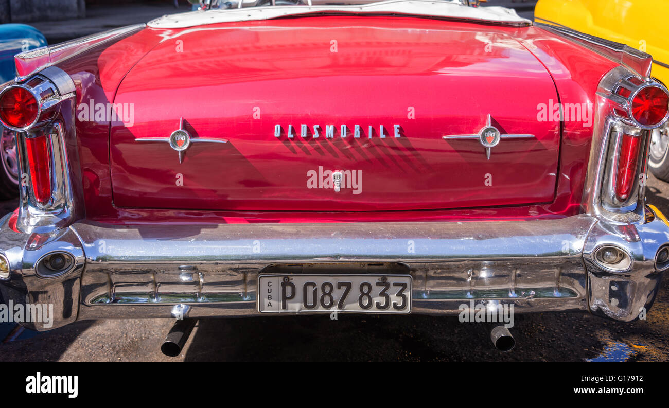 HAVANA, CUBA - APRIL 18: Back of a red classic american Oldsmobile car, on April 18, 2016 in Havana Stock Photo