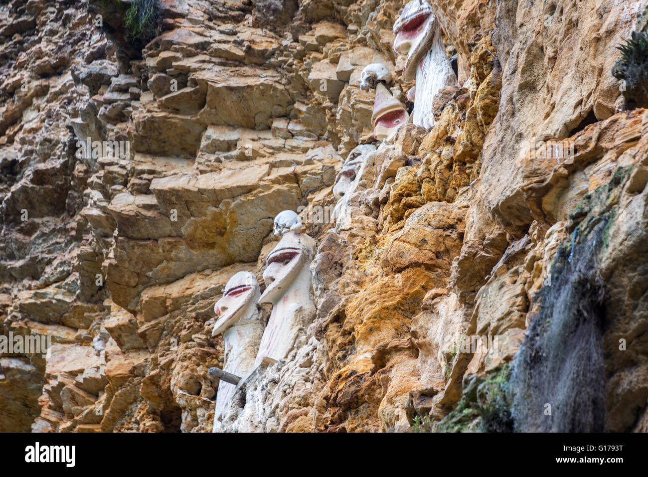 Sarcophagi of the Chachapoyas culture at Karajia near Chachapoyas, Peru Stock Photo