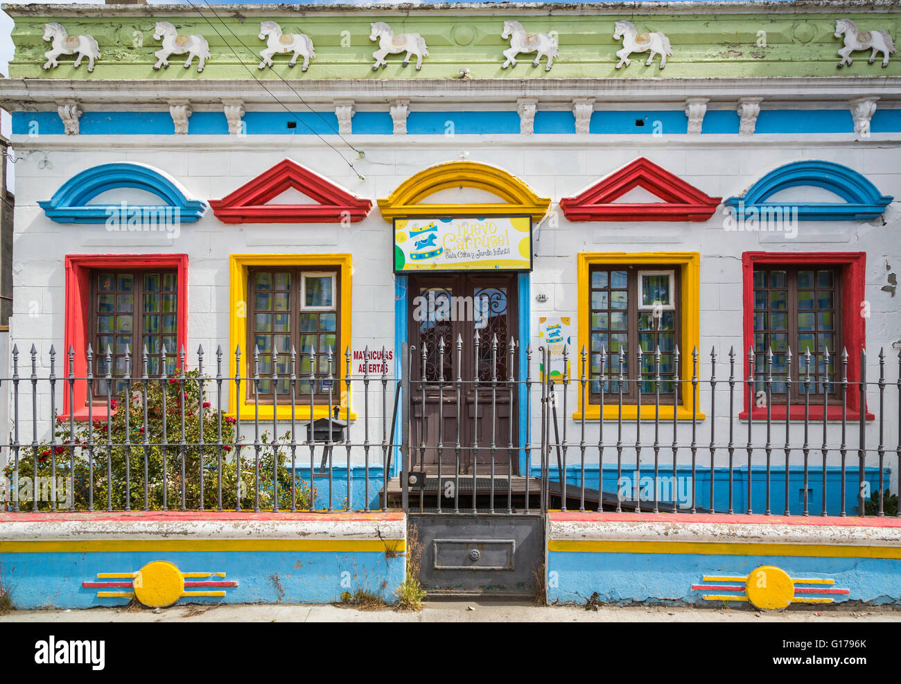 A colorful daycare center building in Punta Arenas, Chile, South America. Stock Photo