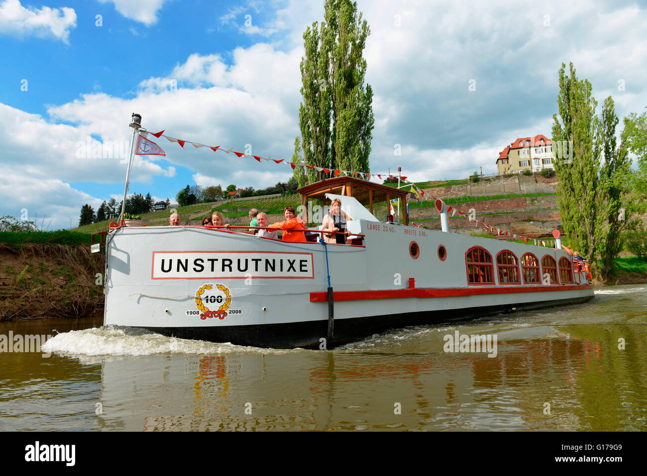 Pleasure boat Unstrutnixe, Unstrut, Saxony-Anhalt, Germany Stock Photo