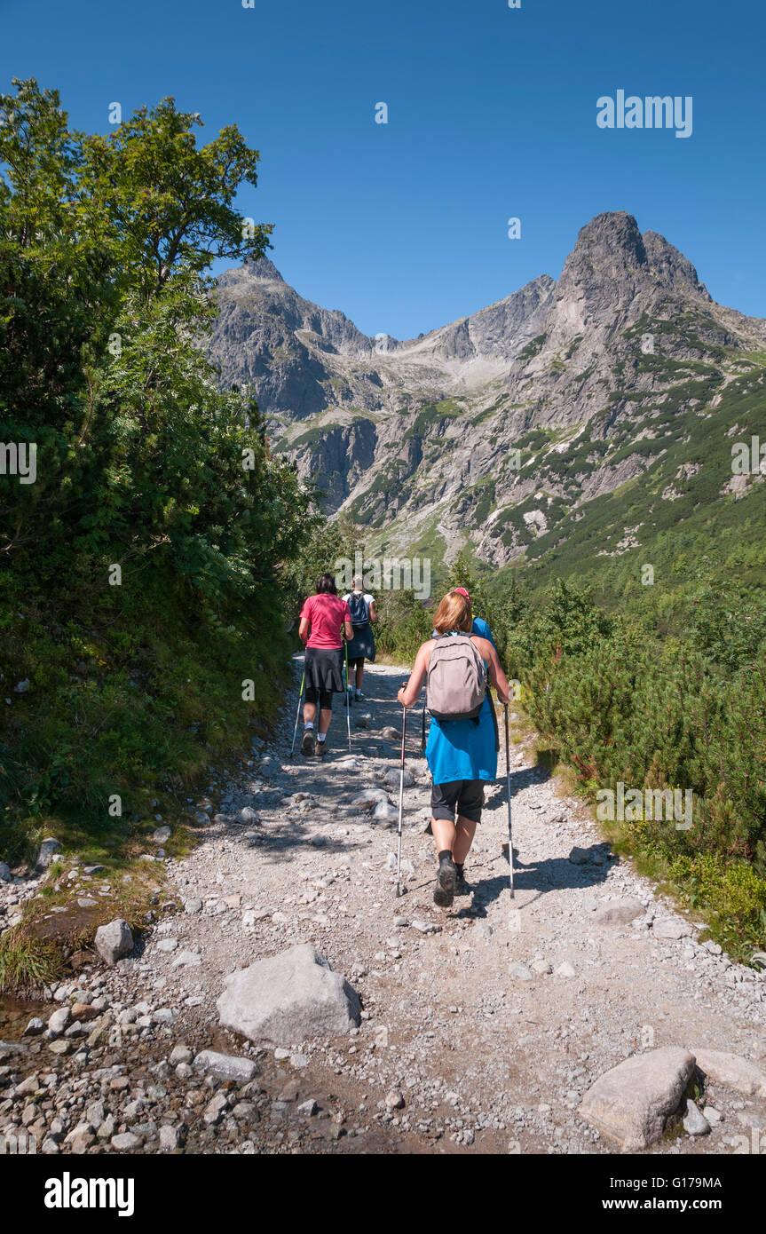 Tourists approaching to the chalet at Zelené pleso, High Tatras, Slovakia Stock Photo