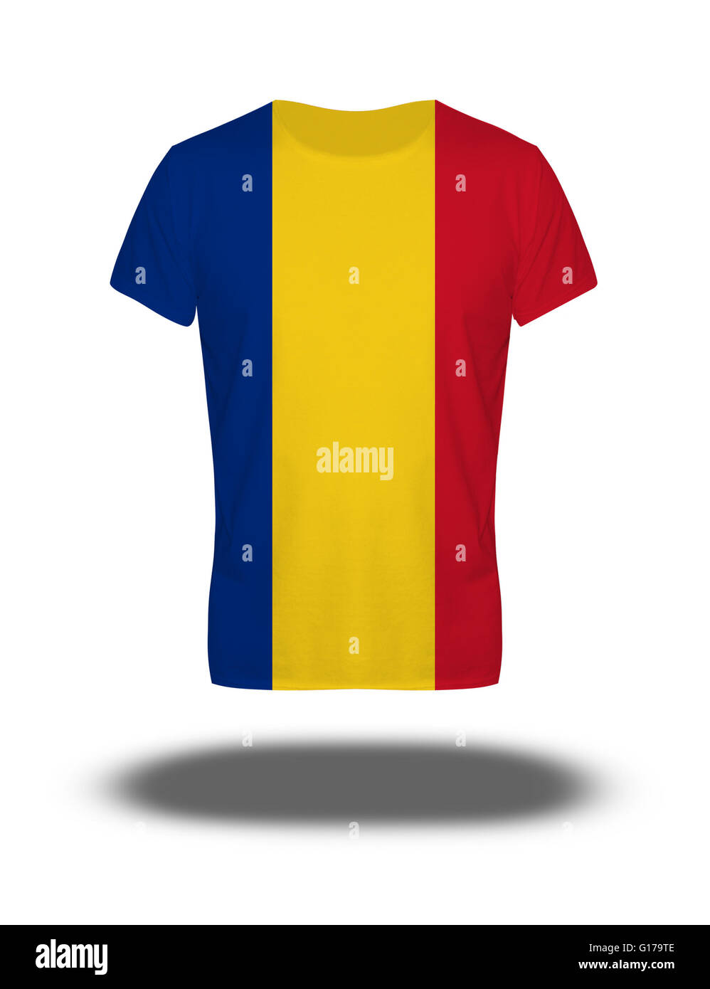 Romania flag t-shirt on white background with shadow Stock Photo