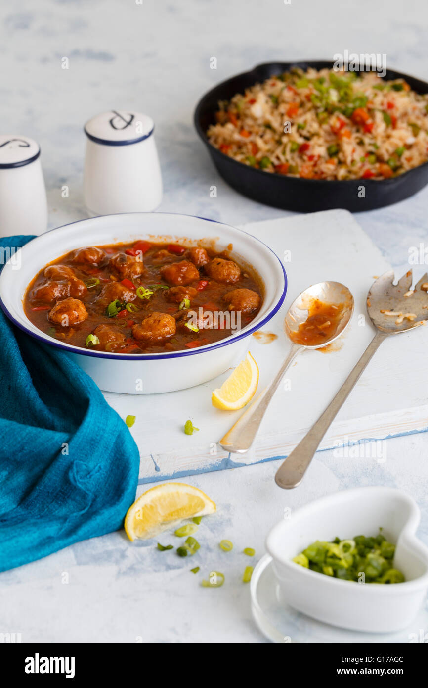 Also known as Soya Chunks Manchurian. Popular Street food of India Stock Photo
