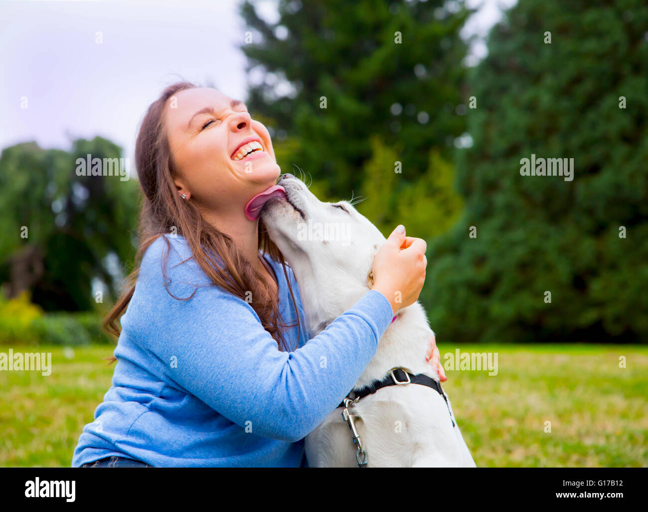 Young woman sitting with dog in park, dog licking woman's face Stock Photo