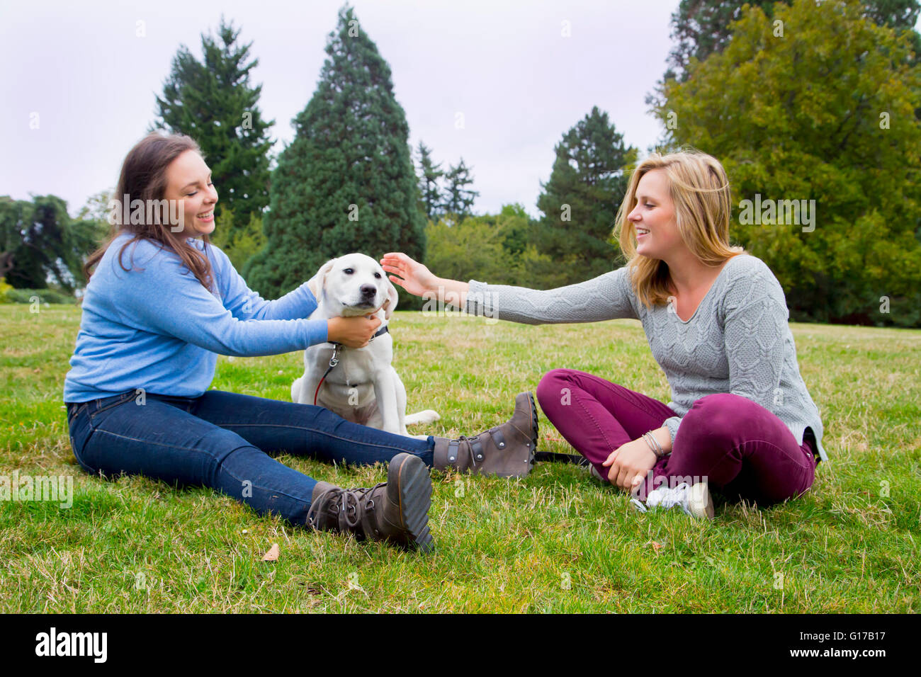 Two young women playing with dog in park Stock Photo