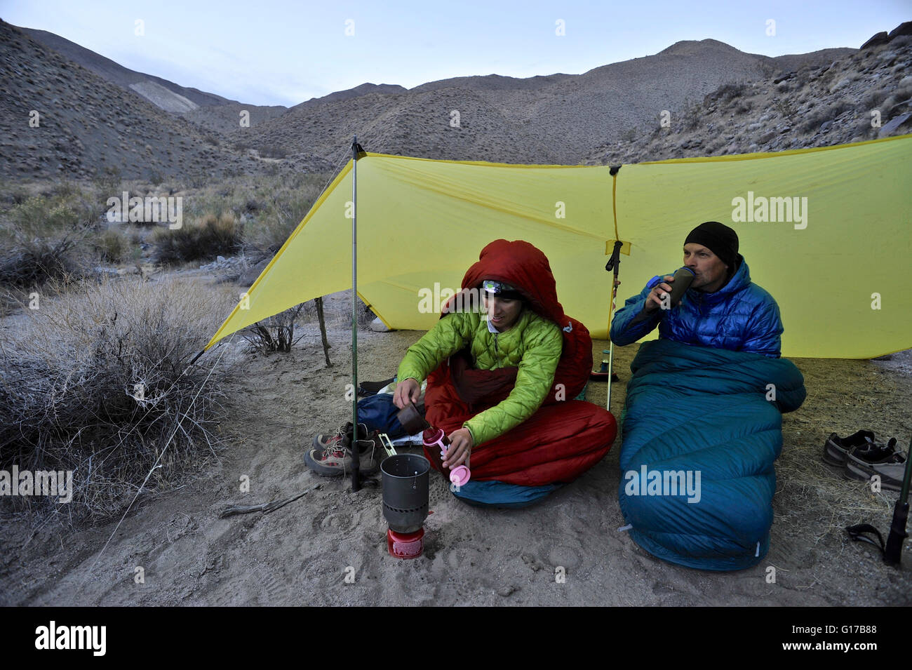 Hikers camping in desert, Cottonwood Canyon, Death Valley ...