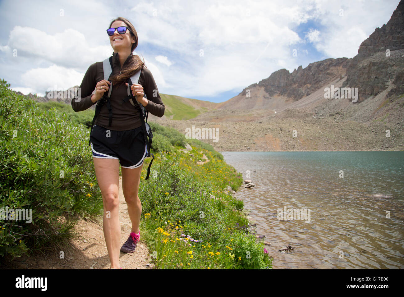 Happy hiker, Cathedral Lake, Aspen, Colorado Stock Photo