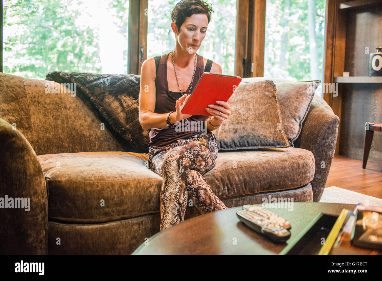 Woman sitting on sofa using digital hi-res stock photography and images ...