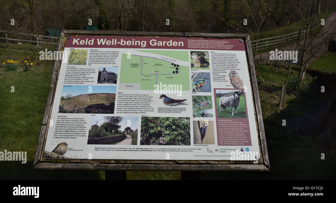 Keld, Well-being Garden notice board, Swaledale, Yorkshire, Dales National Park, North Yorkshire, England, UK. Stock Photo