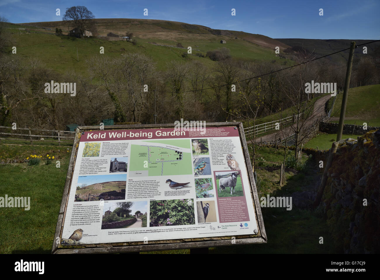 Keld Well-being Garden information board, Swaledale, Yorkshire Dales National Park, North Yorkshire, England, UK. Stock Photo