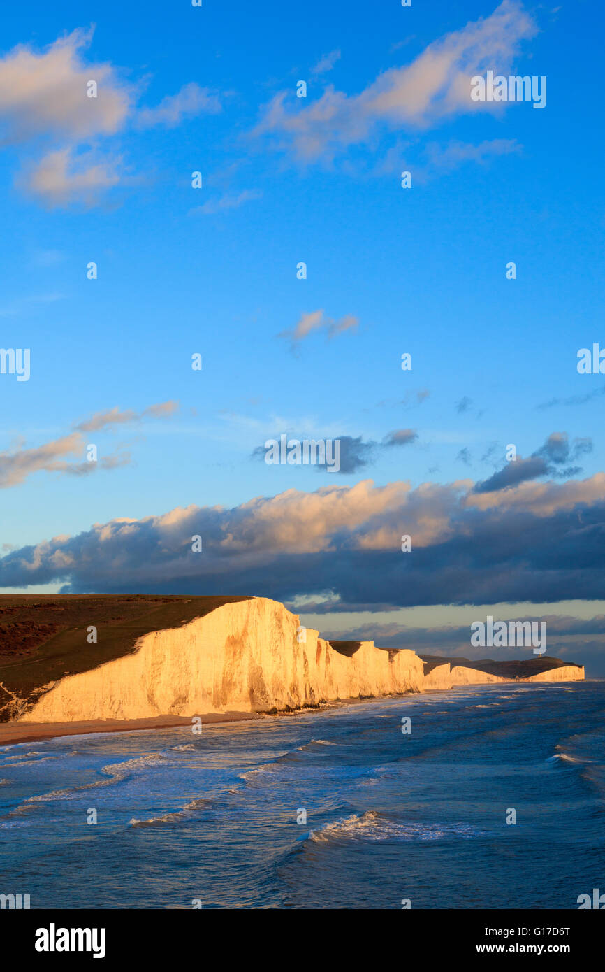 seven sister chalk cliffs and seashore in evening sunshine Stock Photo